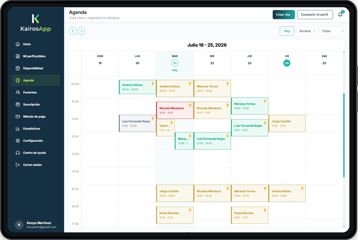 Panel de agenda online integrado al perfil profesional de KairosApp